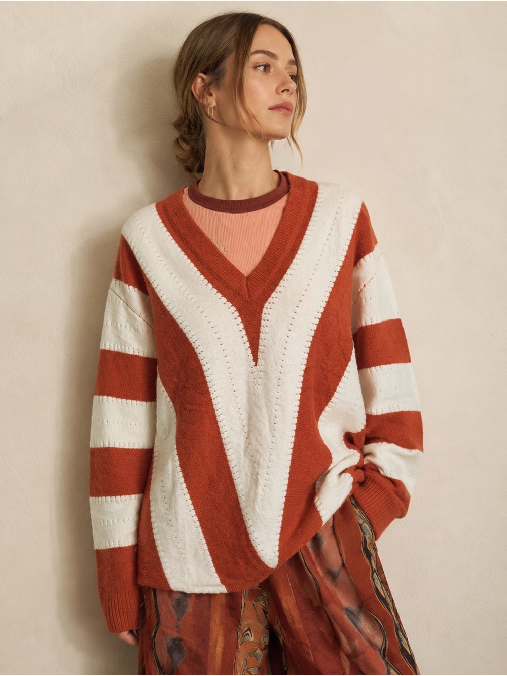NWT Ancapelion Soft Burnt Orange Ivory Stripe V-Neck Knit Sweater Sz XXL